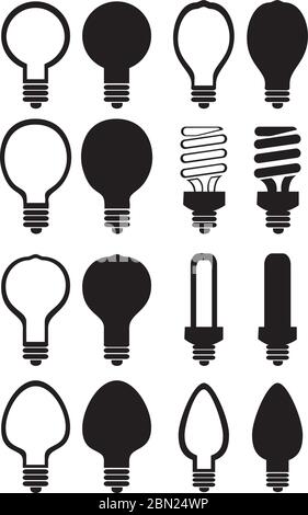 Set di icone vettoriali di lampadine e lampade fluorescenti in varie forme e disegni in bianco e nero isolato su sfondo bianco. Illustrazione Vettoriale
