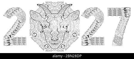 Capra a zentangle trafilato a mano numero 2027 per colorazione, per maglietta e altre decorazioni Illustrazione Vettoriale