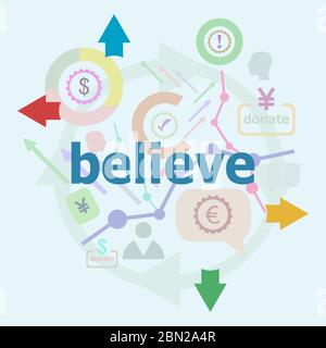 Il testo crede. Concetto sociale. Set di icone di linea e tipografia di parole sullo sfondo Foto Stock