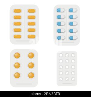 Set di diverse pillole isolate e colorate su sfondo bianco. Illustrazione Vettoriale
