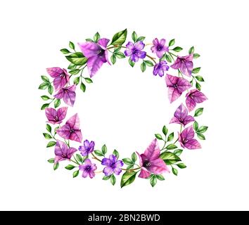 Wreath acquerello con fiori di bouganvillea viola. Sfondo tropicale dipinto a mano per testo, logo, biglietti da matrimonio. Illustrazioni botaniche isolate Foto Stock