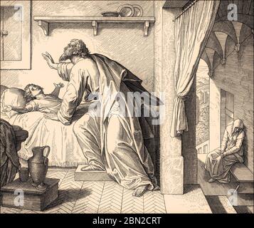 Elia ravvivando il Figlio della vedova di Zarephat, Antico Testamento, di Giulio Schnorr von Carolsfeld Foto Stock