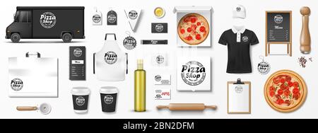 Mockup per pizzeria, caffè o ristorante. Set realistico di consegna pizzeria camion, uniforme, scatola per pizza, menu, cartone. Pizza Illustrazione Vettoriale