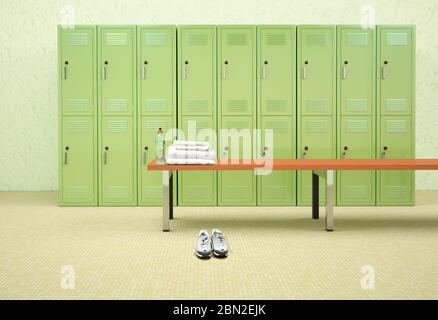 Rendering 3D di una stanza di vestimento femminile di una palestra. Foto Stock