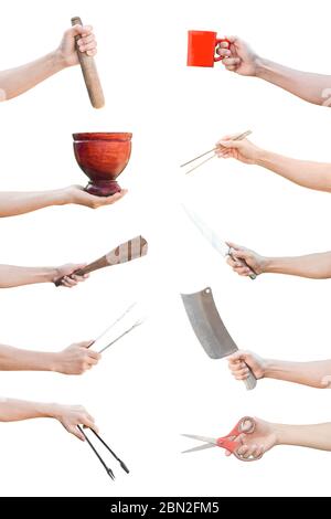 Collezione di mani con utensili da cucina diversi isolati su sfondo bianco. Oggetto con percorso di ritaglio. Foto Stock