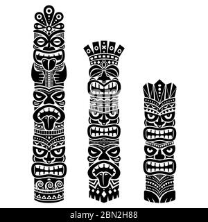 Totem tico-vettoriale hawaiano e polinesia Tiki - sfondo tribale di arte popolare, statua a due o tre teste Illustrazione Vettoriale