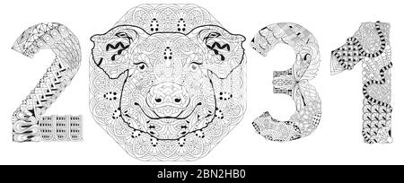 Maiale zentangle trafilato a mano numero 2031 per colorazione, per maglietta e altre decorazioni Illustrazione Vettoriale