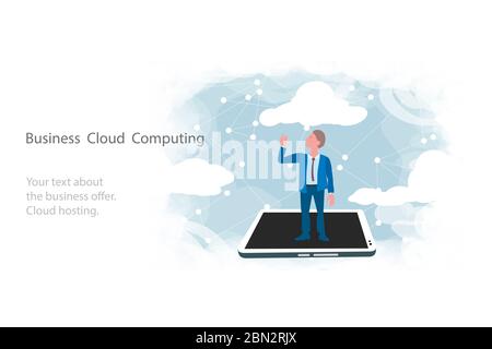 Cloud computing per il business, concetto. Layout con spazio per il testo, un uomo d'affari sullo sfondo del cielo. Sincronizzazione dei dati da smartphone e tablet. Illustrazione Vettoriale