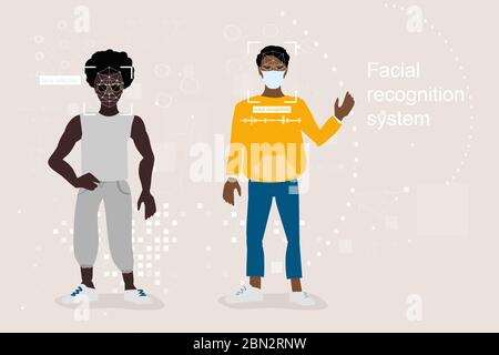Riconoscimento facciale in maschera medica, problemi di visione informatica in una moderna megalopoli durante il periodo di pericolo epidemiologico. L'uomo in una maschera. Illustrazione Vettoriale
