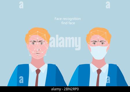 Riconoscimento facciale in maschera medica, problemi di visione informatica in una moderna megalopoli durante il periodo di pericolo epidemiologico. L'uomo in una maschera. Illustrazione Vettoriale