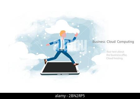 Cloud computing per il business, concetto. Layout con spazio per il testo, un uomo d'affari sullo sfondo del cielo. Sincronizzazione rapida dei dati dallo smartphone. Illustrazione Vettoriale