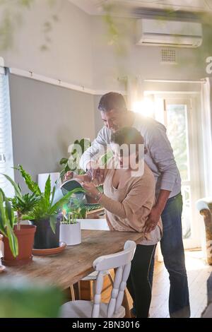 Affectionate coppie mature che annaffiano piante domestiche Foto Stock