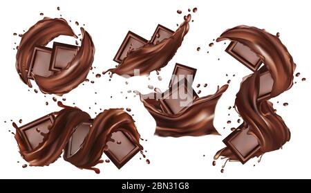 Barretta di cioccolato, burro di cacao, dolci di pasticceria con spruzzi e whirl di cioccolato liquido. Cioccolato 3d realistico. Pezzi di cioccolato, che con gocce su sfondo bianco. Impostare l'illustrazione Foto Stock