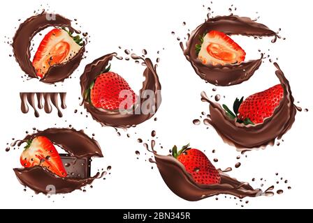3d realistico cioccolato spruzzi con fragola. Raccolta di fragole ricoperte di cioccolato. Dolce al cioccolato su sfondo bianco. Bella illustrazione Foto Stock