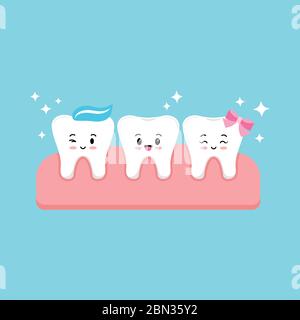 Cute bianco denti ragazzi e ragazza in gomma emoji vettore set isolato su sfondo blu. Illustrazione Vettoriale