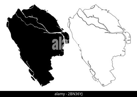 Città di Zhongshan (Repubblica popolare Cinese, Provincia di Guangdong) mappa vettoriale illustrazione, schizzo di ciottoli Città di Chungshan, Shiqi o Shekki mappa Illustrazione Vettoriale