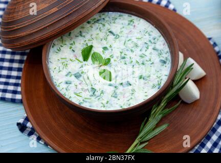 Okroshka - zuppa fredda estiva. Zuppa fredda con cetrioli freschi, ravanelli, patate e salsiccia. Cibo tradizionale russo. Okroshka con kefir e rosmarino Foto Stock