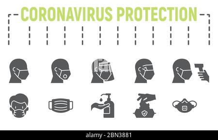 Apparecchiature per la sicurezza medica set di icone glifi, collezione di simboli di protezione coronavirus, schizzi vettoriali, illustrazioni logo, protezione covid-19 Illustrazione Vettoriale