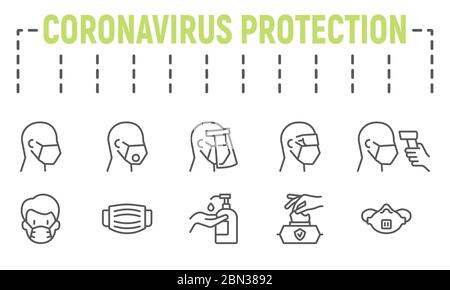 Set icone linea apparecchiature per la sicurezza medica, collezione simboli di protezione coronavirus, schizzi vettoriali, illustrazioni logo, protezione covid-19 Illustrazione Vettoriale