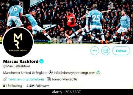 Twitter page (maggio 2020) : Marcus Rashford - Inglese Manchester United calciatore Foto Stock