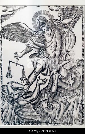 Rolin museo d'arte. L'Arcangelo Michele sconfigge il male. Esecuzione automatica. Francia. Foto Stock