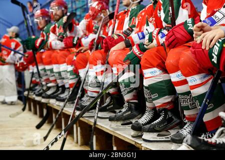 Partita di hockey su ghiaccio. Giocatori e pattini da ghiaccio. Francia. Foto Stock