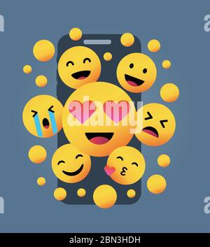 Varie emoticon gialle davanti allo schermo di uno smartphone su sfondo giallo, illustrazione del concetto vettoriale. Illustrazione Vettoriale