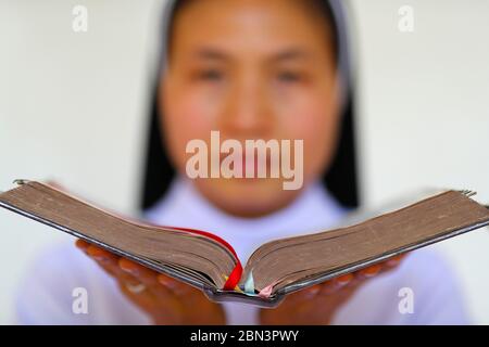 Suora dominicana che legge la bibbia. Vietnam. Foto Stock