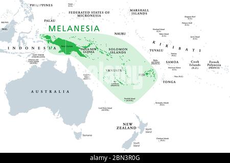 Melanesia, sottoregione dell'Oceania, mappa politica. Si estende dalla Nuova Guinea nell'Oceano Pacifico sudoccidentale a Tonga. Foto Stock