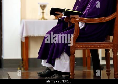 Messa cattolica. Sacerdoti che indossano casula romana viola. Quy Nhon. Vietnam. Foto Stock