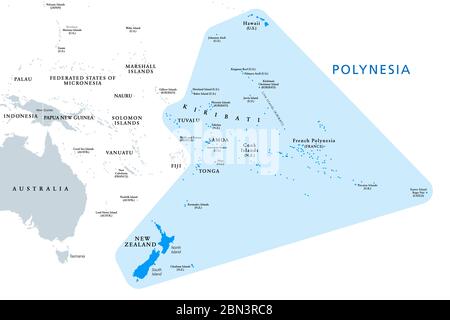 Polinesia, sottoregione dell'Oceania, mappa politica. Una regione, composta da più di 1000 isole sparse sull'Oceano Pacifico centrale e meridionale. Foto Stock