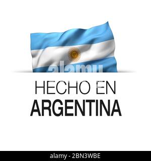 Prodotto in Argentina scritto in spagnolo - etichetta di garanzia con una bandiera argentina ondeggiante. Illustrazione 3D. Foto Stock