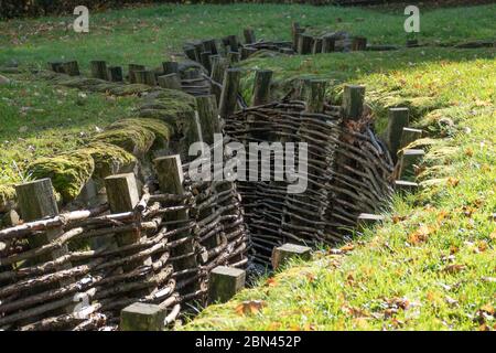 Un sistema di trincee e bunker dell'esercito tedesco utilizzato durante la prima guerra mondiale a Bayernwald (Bayern Wood) vicino a Ypres, Belgio. Foto Stock