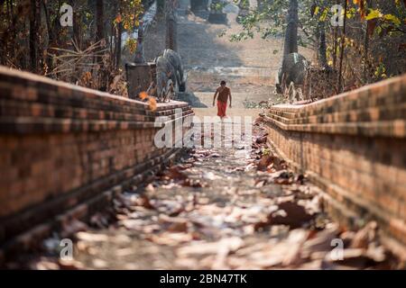 Un giovane monaco buddista salendo la scalinata che conduce al Wat Phra Non tempio a Mae Hong Son, Thailandia. Foto Stock