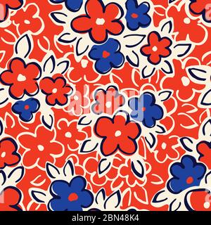 Disegno artistico Naive Daiy Flowers contorni su sfondo rosso vettore senza cuciture modello Illustrazione Vettoriale