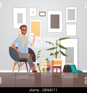 uomo d'affari seduto su poltrona uomo d'affari che ha caffè rompere mobile moderno interno maschio cartone animato carattere a lunghezza intera illustrazione vettoriale Illustrazione Vettoriale