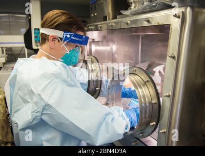 Joyce Avedisian, 14° responsabile della scienza medica nucleare del team di supporto civile, si prepara a testare i campioni dei pazienti per COVID-19 in un sistema di laboratorio analitico veicolo parcheggiato al di fuori del Charter Oak Family Health Center a Hartford, Connecticut, 24 aprile 2020. Il 14° team di supporto civile della Guardia Nazionale del Connecticut sta lavorando in collaborazione con il laboratorio statale del Connecticut Department of Public Health per testare campioni da 70 a 80 pazienti al giorno in varie sedi dello stato. (STATI UNITI Foto della Guardia Nazionale aerea dello staff Sgt. Steven Tucker) Foto Stock