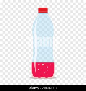 Bottiglia di plastica per un quarto di succo di lampone fresco e frizzante. Icona piatta isolata su sfondo a scacchi. Liquido Crimson in contai trasparente Illustrazione Vettoriale