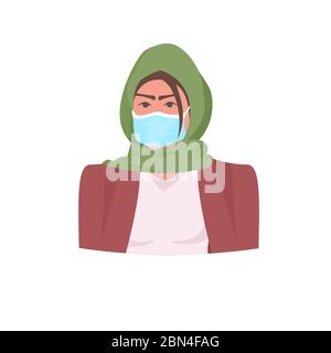 donna musulmana in hijab che indossa la maschera medica per prevenire covid-19 coronavirus pandemic quarantena concetto ritratto vettore illustrazione Illustrazione Vettoriale