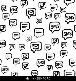 Cellulare, SMS e email comunicazioni modello senza soluzione di continuità. Icone di interazione disegnate a mano disposte casualmente su sfondo bianco. Avvolgimento o ripetizione del nastro Illustrazione Vettoriale