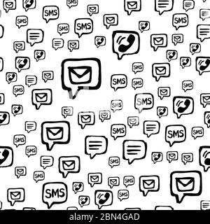 Cellulare, SMS e email comunicazioni modello senza soluzione di continuità. Icone di interazione disegnate a mano disposte casualmente su sfondo bianco. Avvolgimento o ripetizione del nastro Illustrazione Vettoriale