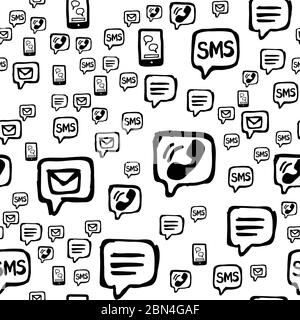 Comunicazioni tramite smartphone, SMS ed e-mail con un modello senza interruzioni. Icone di interazione disegnate a mano disposte casualmente su sfondo bianco. Avvolgimento o ripetizione del nastro Illustrazione Vettoriale