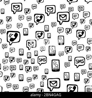 Comunicazioni tramite smartphone, SMS ed e-mail con un modello senza interruzioni. Icone di interazione disegnate a mano disposte casualmente su sfondo bianco. Avvolgimento o ripetizione del nastro Illustrazione Vettoriale
