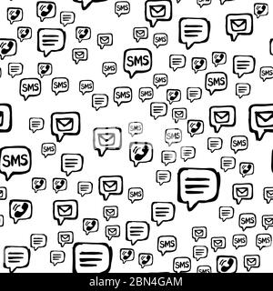 Cellulare, SMS e email comunicazioni modello senza soluzione di continuità. Icone di interazione disegnate a mano disposte casualmente su sfondo bianco. Avvolgimento o ripetizione del nastro Illustrazione Vettoriale
