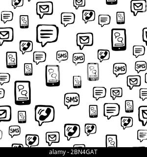 Comunicazioni tramite smartphone, SMS ed e-mail con un modello senza interruzioni. Icone di interazione disegnate a mano disposte casualmente su sfondo bianco. Avvolgimento o ripetizione del nastro Illustrazione Vettoriale