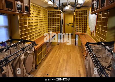 Una Mail Car ferroviaria in mostra al North Carolina Transportation Museum. Foto Stock