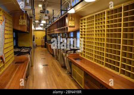 Una Mail Car ferroviaria in mostra al North Carolina Transportation Museum. Foto Stock