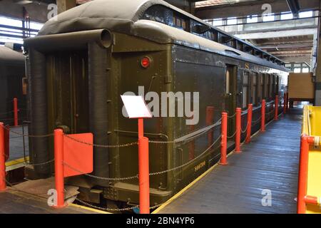 Una Mail Car ferroviaria in mostra al North Carolina Transportation Museum. Foto Stock