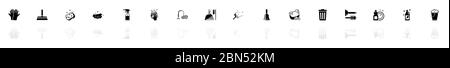 Icone di pulizia - simbolo nero orizzontale raffigurazione su sfondo bianco con riflesso speculare dell'ombra. Icona vettore piatto. Illustrazione Vettoriale