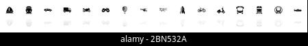 Icone di trasporto - simbolo di illustrazione orizzontale nero su sfondo bianco con riflesso ombra speculare. Icona vettore piatto. Illustrazione Vettoriale